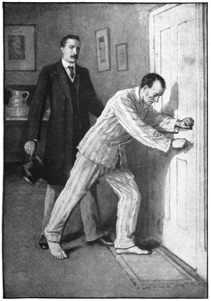 Illustration captioned "I heard the sharp snap of a twisted key." by Walter Paget for "The Adventure of the Dying Detective" by Arthur Conan…
