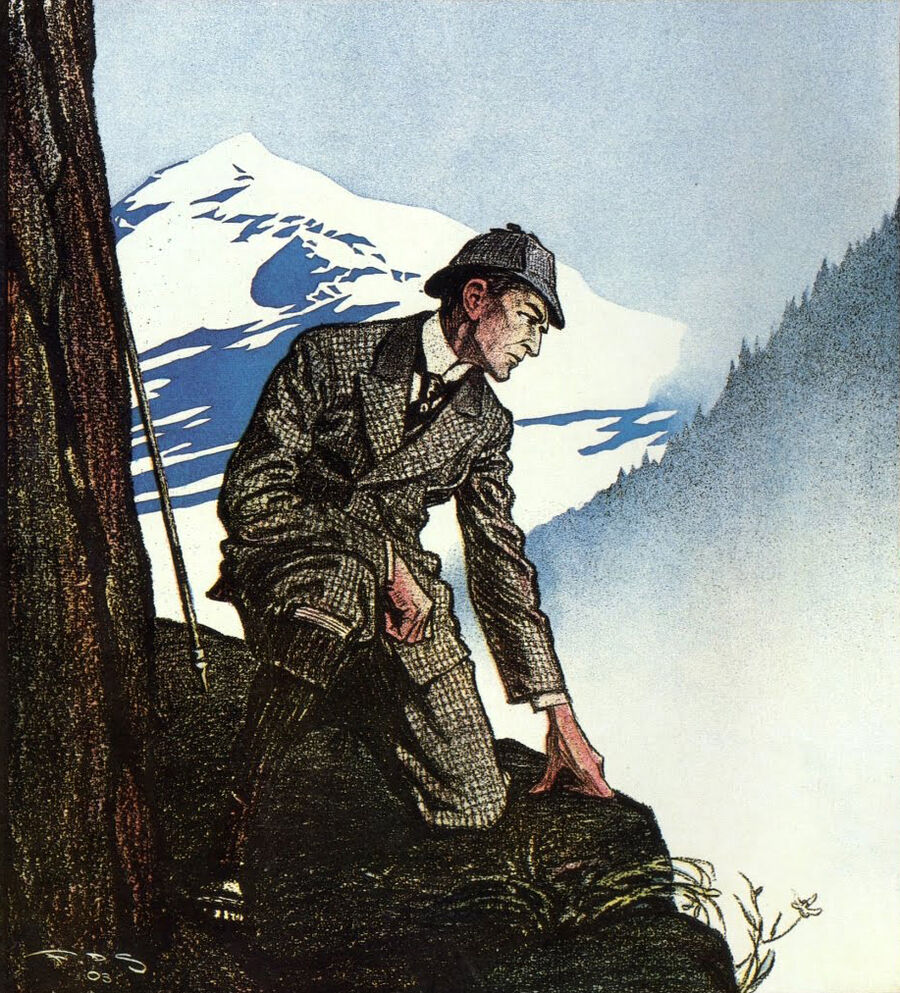 Sherlock Holmes at Reichenbach Falls, by Frederick Dorr Steele , cover of Collier's Weekly , September 26, 1903