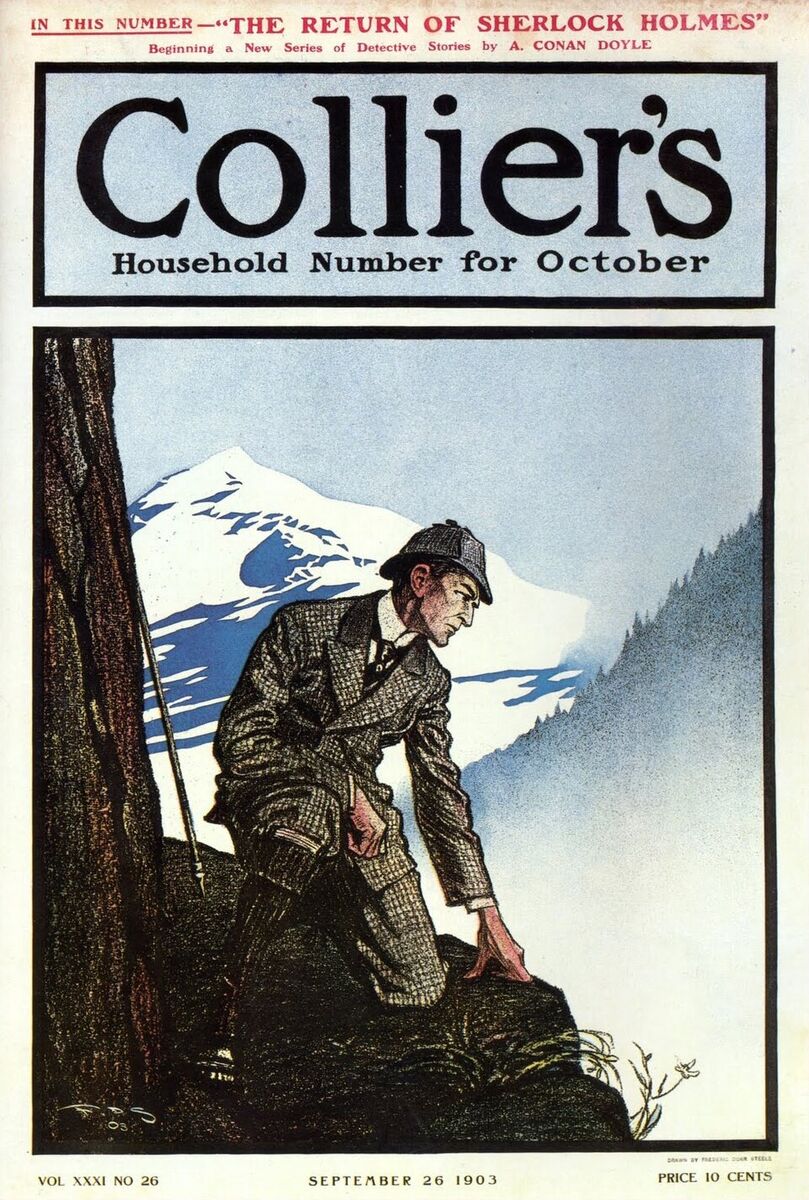 Sherlock Holmes at Reichenbach Falls, by Frederick Dorr Steele , cover of Collier's Weekly , September 26, 1903