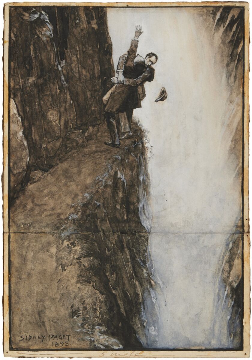 Sherlock Holmes and Professor James Moriarty in mortal combat at the Reichenbach Falls