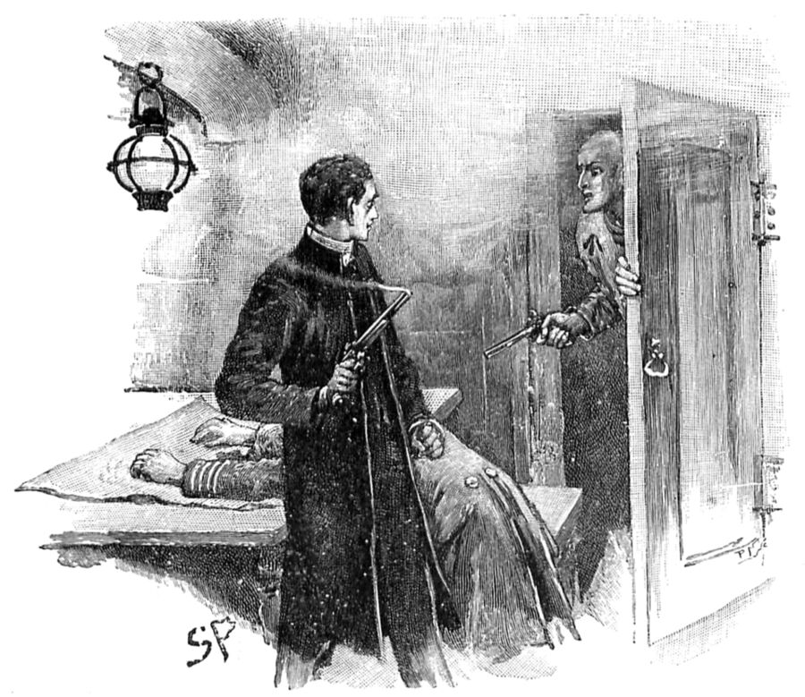 Illustration from p404 The Adventure of the Gloria Scott - "The chaplain stood with a smoking pistol in his hand."
