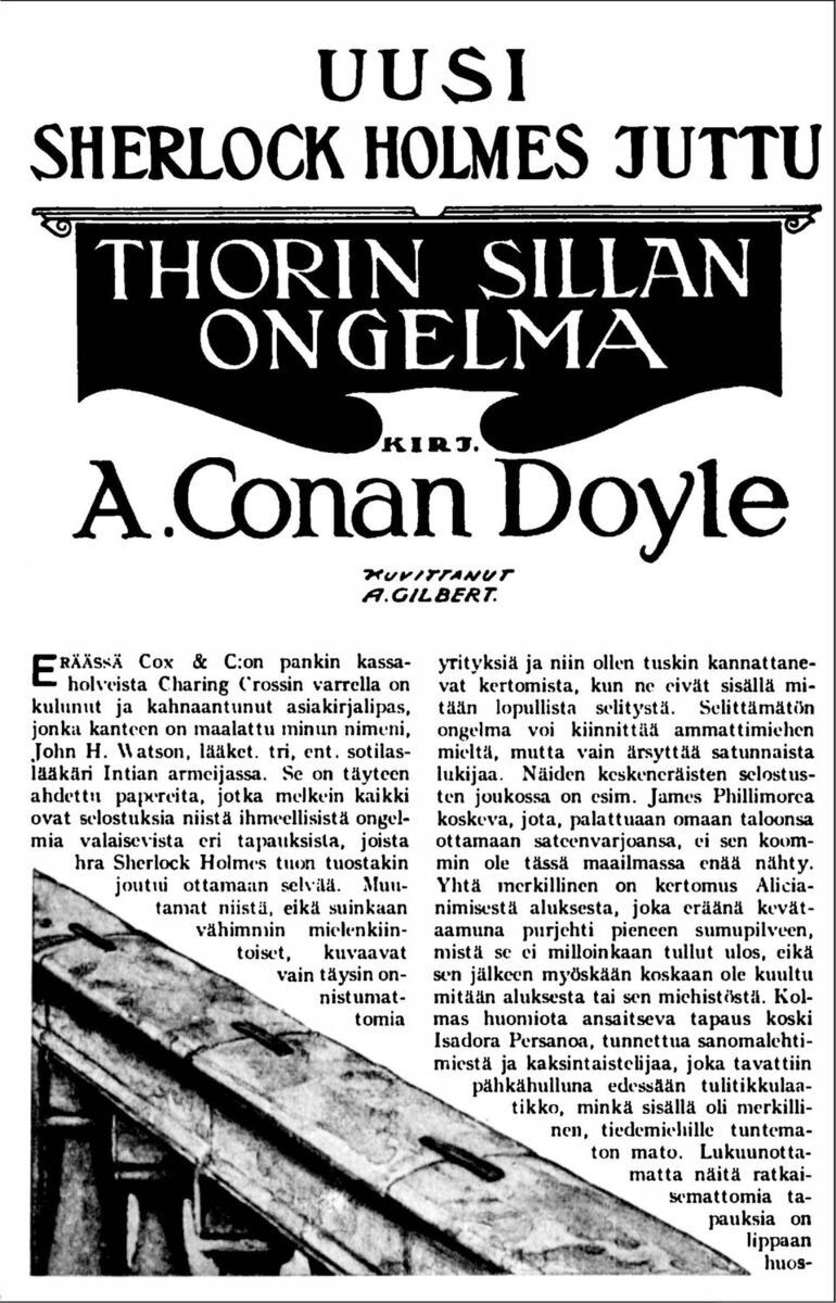 Finnish translation of Arthur Conan Doyle's The Problem of Thor Bridge , published in the Maailma magazine in 1922