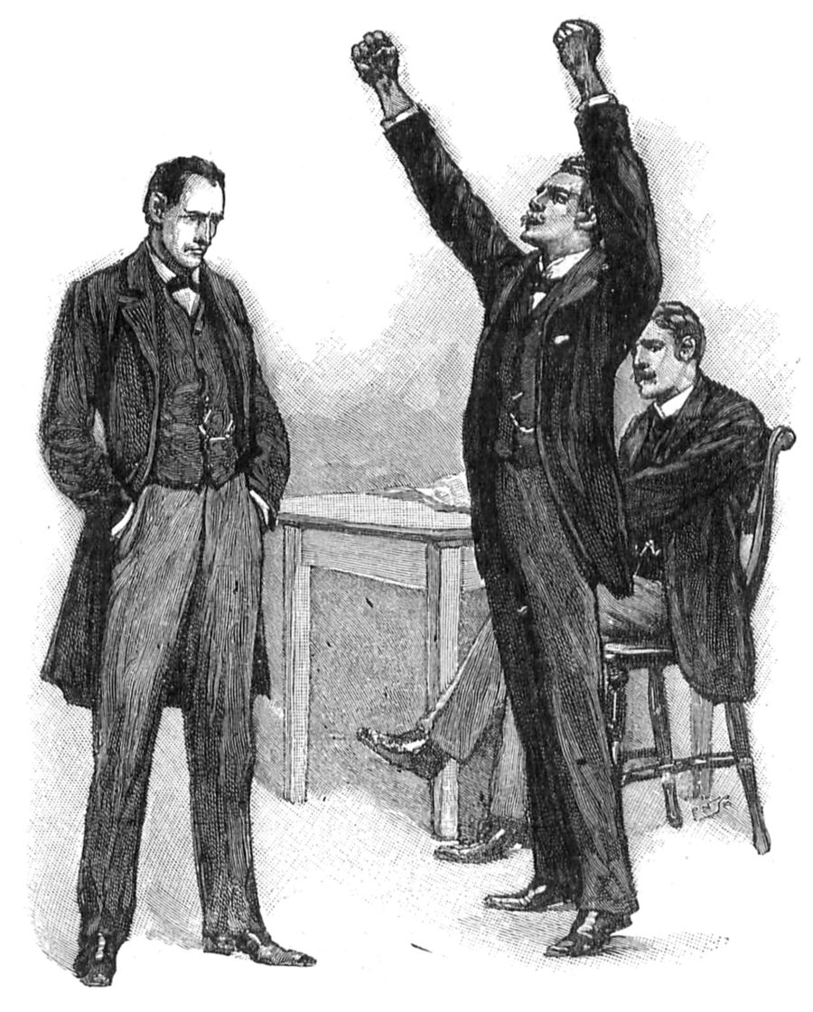 Illustration from p290 The Adventure Of The Stockbroker's Clerk - "Pycroft shook his clenched hands in the air."